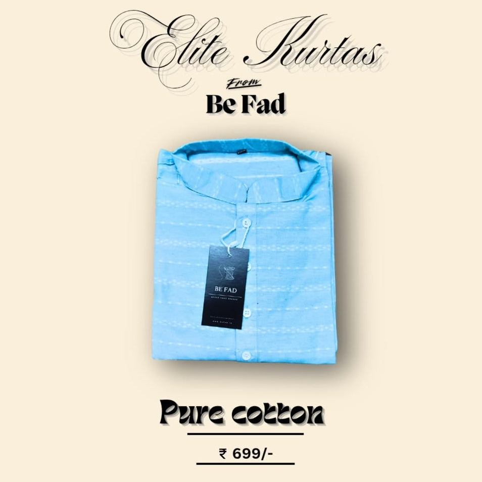 Blue kurta with a tag on a beige background, featuring 'Elite Kurta' from 'Be Fad'.