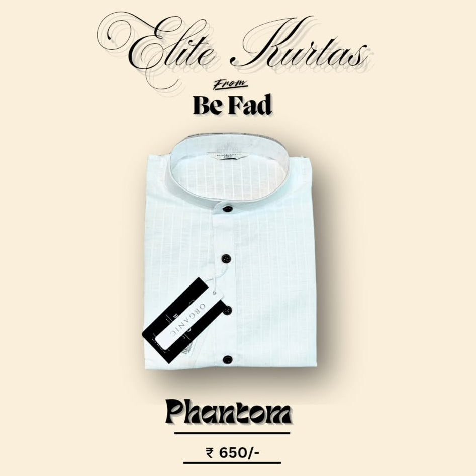 White kurta with black design on a beige background, featuring 'Elite Kurta' branding.