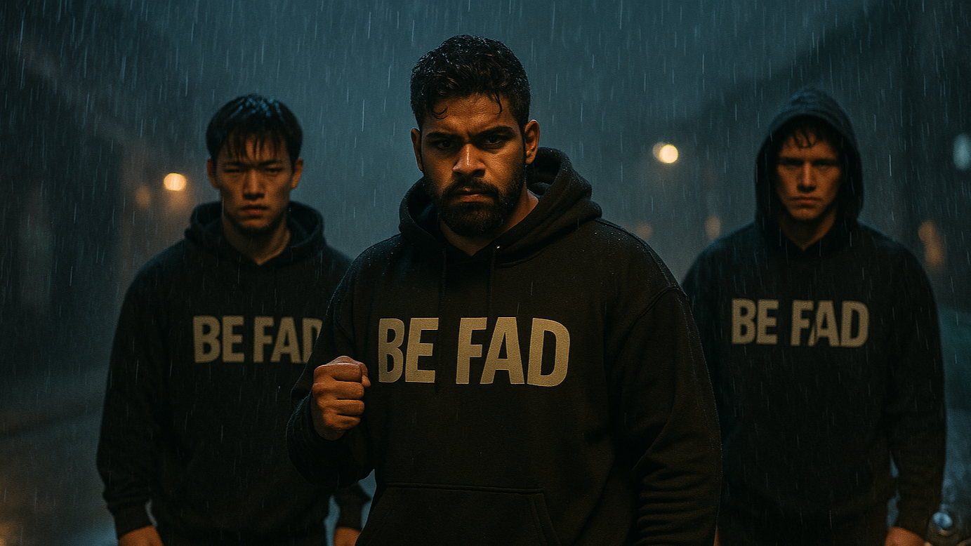 Three individuals wearing black hoodies with 'BE FAD' text in a dark, rainy setting.